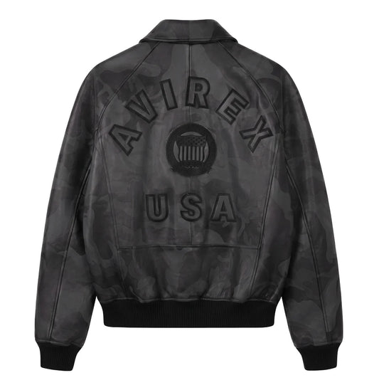 AVIREX dark camo leather jacket flat back product photo featuring AVIREX USA branding, camouflage texture, and classic bomber silhouette on a white background.