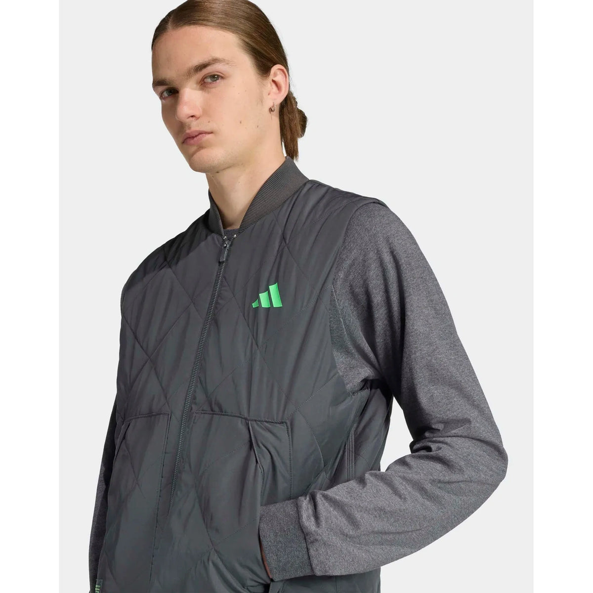 Men's grey premium sweat vest with quilted front and Mercedes F1-inspired motorsport detailing