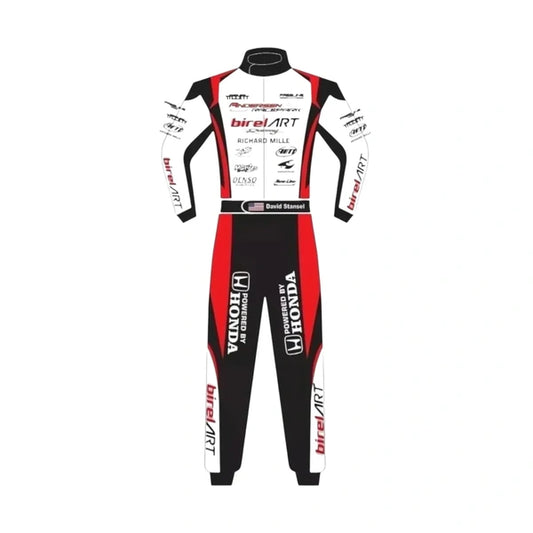 Front view of a new Birel ART-inspired go kart racing suit with red, black and white panels, racing graphics and one-piece motorsport design.