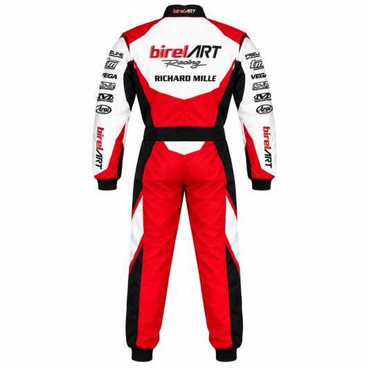 Back view of a 2021 Birel ART-inspired kart racing suit featuring red, white and black racing panels, large motorsport graphics and sponsor-style branding.