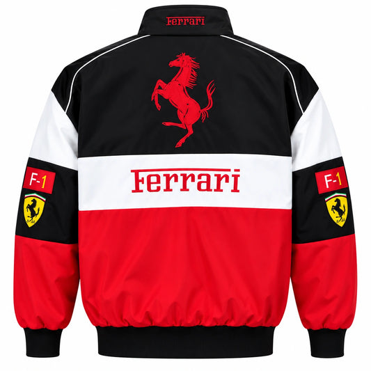 Back of Ferrari racing jacket featuring large red prancing horse graphic, Ferrari branding and vintage F1 motorsport design