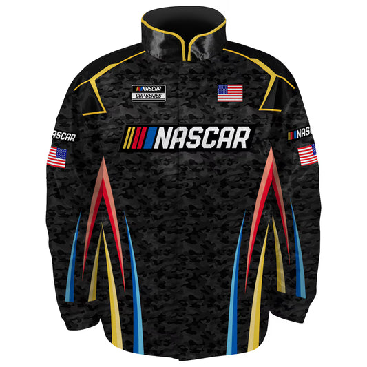 Men's NASCAR Checkered Flag Sports Black Full-Snap Nylon Uniform Jacket | Official Racing Jacket