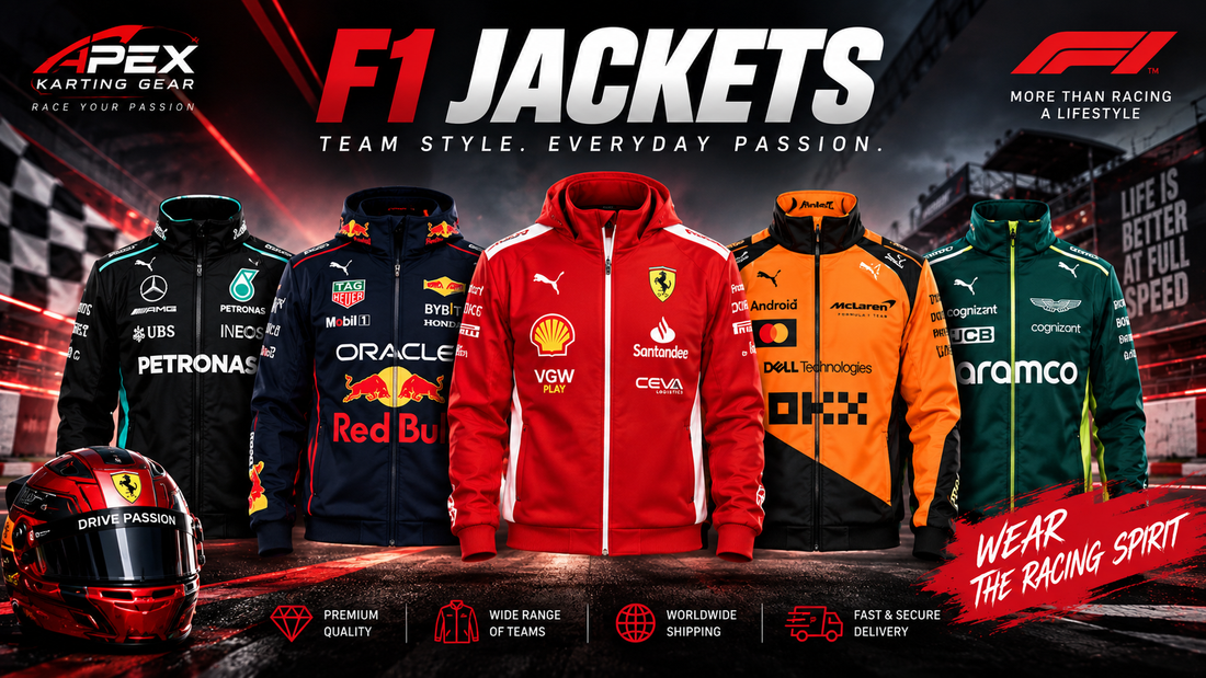 F1 racing jackets collection featuring Ferrari, Red Bull, Mercedes, McLaren and Aston Martin inspired designs