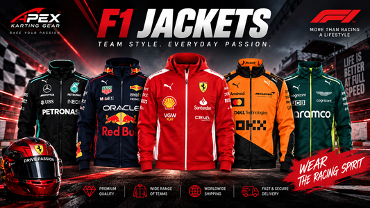 F1 racing jackets collection featuring Ferrari, Red Bull, Mercedes, McLaren and Aston Martin inspired designs