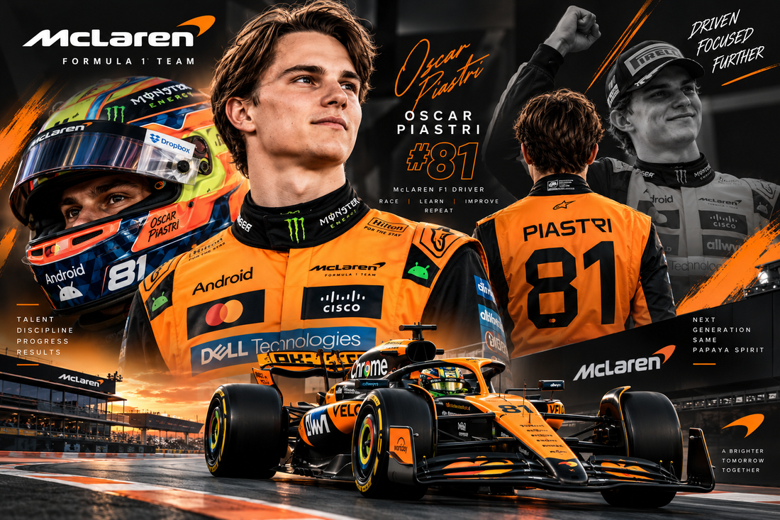 McLaren F1 driver Oscar Piastri with papaya Formula 1 racing car and number 81