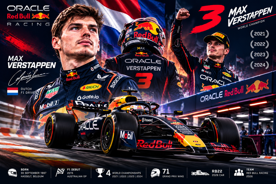 Max Verstappen Red Bull Racing F1 driver number 3 with RB22 Formula 1 car in 2026