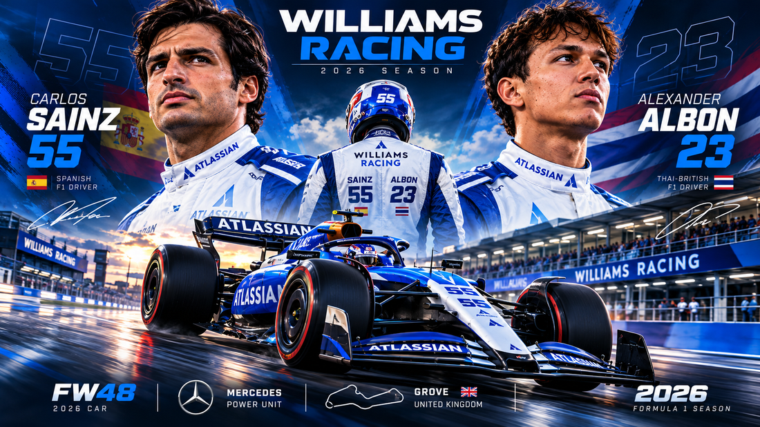 Williams F1 Racing 2026 poster featuring Carlos Sainz and Alexander Albon, blue and white Formula 1 race car, Williams Racing motorsport team and F1 racewear