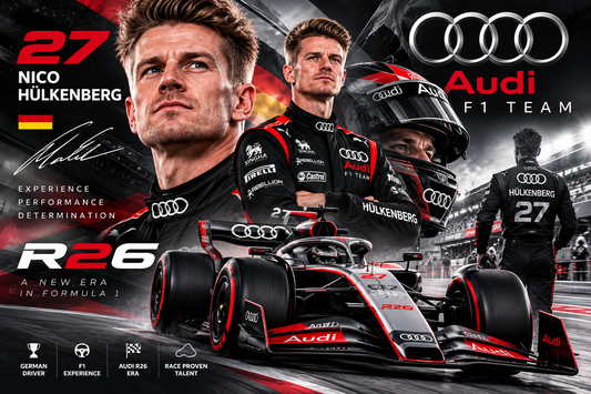 Nico Hülkenberg Audi F1 2026 poster featuring driver number 27, Audi R26 Formula 1 race car, German flag, Audi F1 Team branding, racing suit and helmet, and black red silver motorsport design.