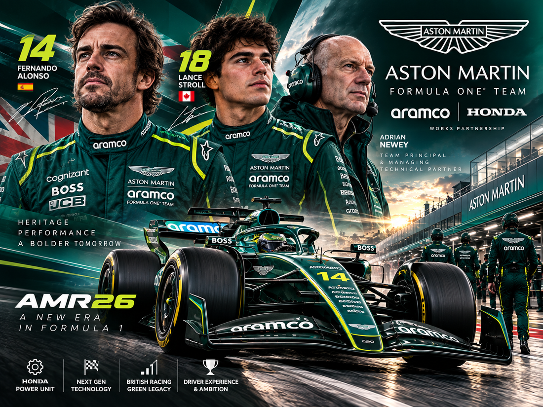 Aston Martin F1 2026 poster featuring Fernando Alonso and Lance Stroll, AMR26 Formula 1 race car, Adrian Newey, British Racing Green design, Honda power unit, Aston Martin F1 Team branding and motorsport graphics.