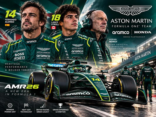 Aston Martin F1 2026 poster featuring Fernando Alonso and Lance Stroll, AMR26 Formula 1 race car, Adrian Newey, British Racing Green design, Honda power unit, Aston Martin F1 Team branding and motorsport graphics.
