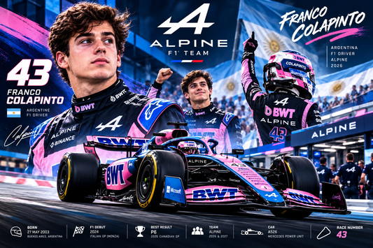 Franco Colapinto Alpine F1 driver 2026 with pink and blue Alpine A526 racing car