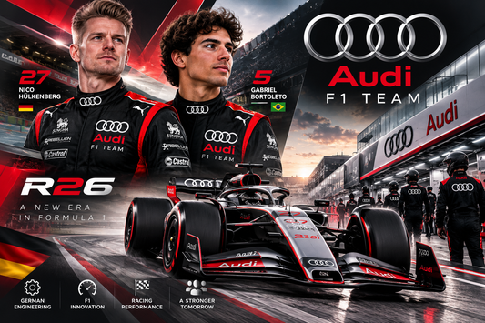 Audi F1 2026 racing poster featuring Nico Hülkenberg and Gabriel Bortoleto, Audi R26 Formula 1 race car, red black and silver motorsport design, Audi F1 Team branding, German and Brazilian flags, and modern racing technology.