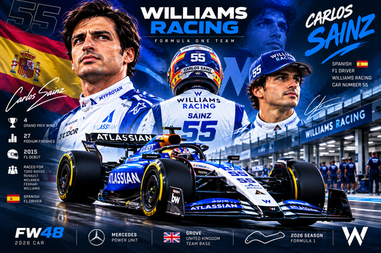 Carlos Sainz Williams Racing 2026 poster featuring F1 driver number 55, Williams race car, Spanish flag and Formula 1 motorsport racewear