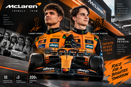 McLaren F1 2026 team featuring Lando Norris, Oscar Piastri and papaya Formula 1 racing car