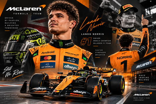 McLaren F1 driver in papaya racing suit with McLaren Formula 1 racing car and number 1