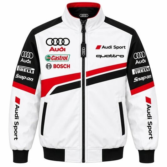 Audi-inspired racing bomber jacket featuring white, black and red color-block styling, Audi Sport and quattro-style graphics, diagonal racing stripes, zippered pockets and stand-up racing collar.