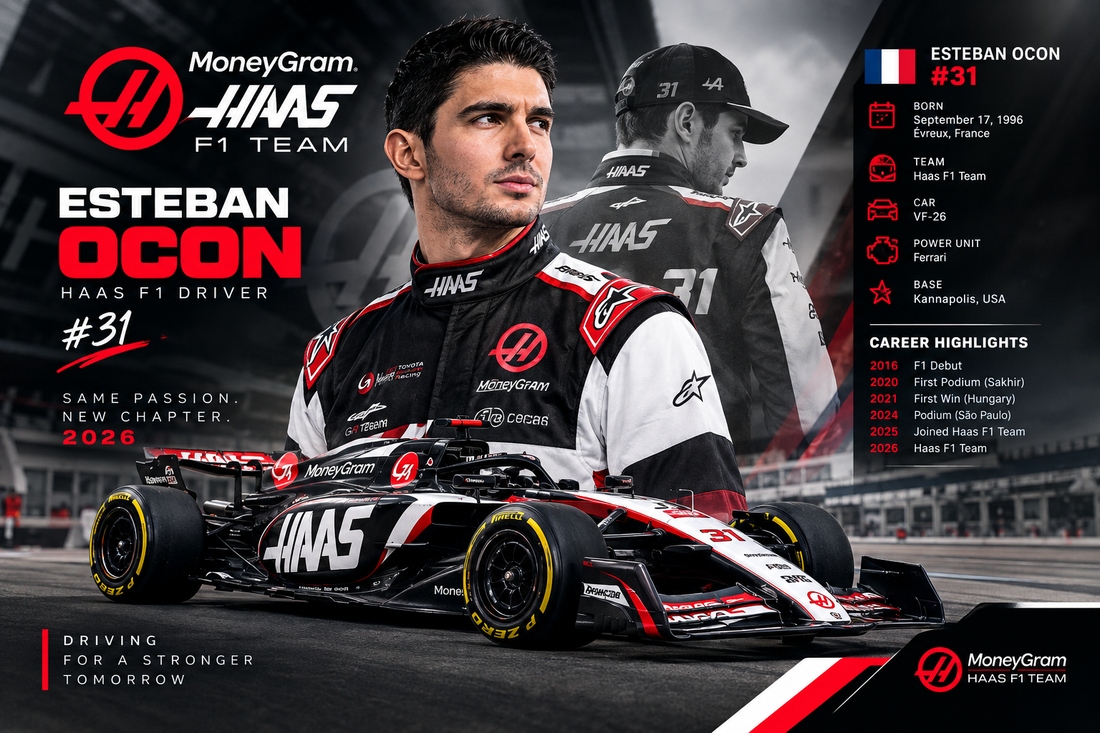 Esteban Ocon Haas F1 2026 driver number 31 with VF-26 racing car
