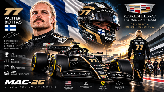 Valtteri Bottas Cadillac F1 2026 poster featuring driver number 77, Cadillac MAC-26 Formula 1 race car, Finnish flag, Cadillac branding, black and gold racing suit, and motorsport graphics.