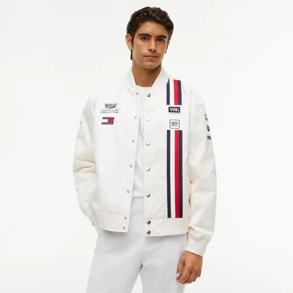 Cadillac F1-inspired Silverstone GP varsity jacket featuring white racing design, red and navy accents, motorsport graphics, snap-button closure and unisex bomber styling.