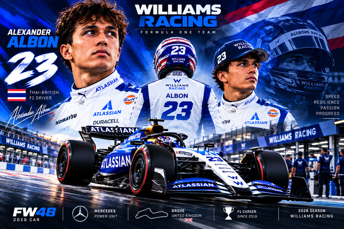Alexander Albon Williams Racing 2026 poster featuring F1 driver number 23, Williams FW48 race car, Thai flag, Formula 1 motorsport racewear, and Williams Racing team branding.