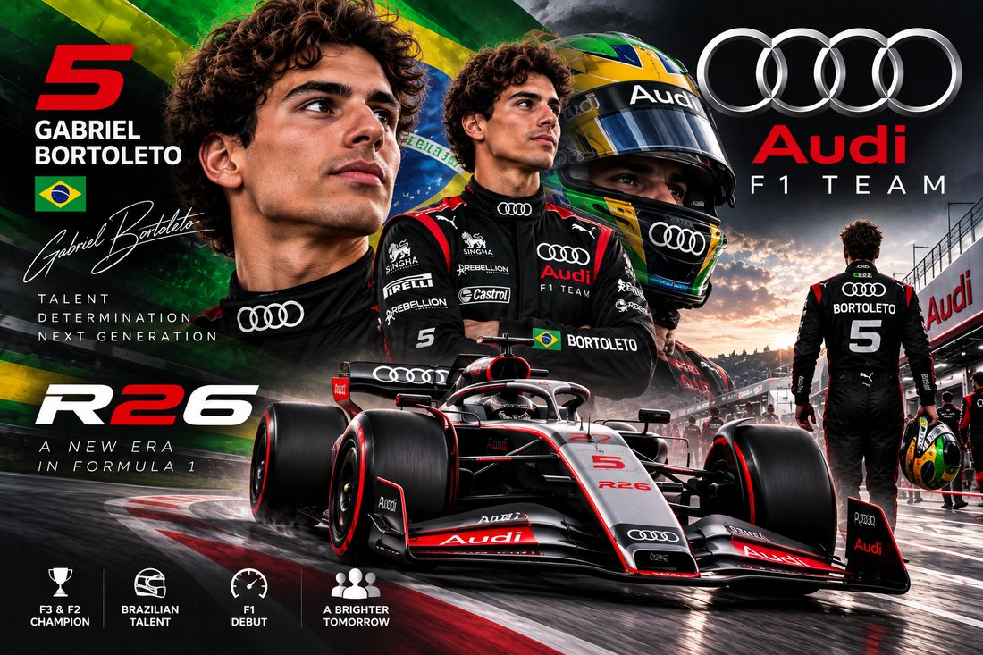Gabriel Bortoleto Audi F1 2026 poster featuring driver number 5, Audi R26 Formula 1 race car, Brazilian flag, Audi F1 Team branding, racing suit and helmet, and dramatic green, yellow, black, silver and red motorsport design.