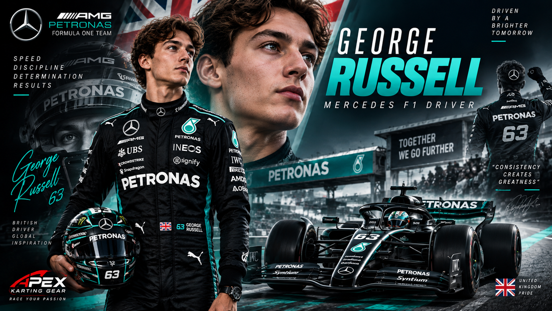 Mercedes F1 driver in racing suit beside a Formula 1 racing car