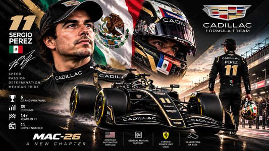 Alt Text: Sergio Perez Cadillac F1 2026 poster featuring driver number 11, Cadillac MAC-26 Formula 1 race car, Mexican flag, Cadillac branding, black and gold racing suit, and motorsport graphics.