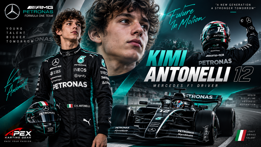 Kimi Antonelli Mercedes F1 driver 2026 racing suit and Formula 1 car
