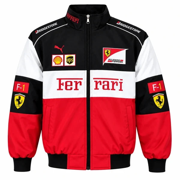Ferrari-inspired vintage F1 racing bomber jacket featuring black, white and red color-block styling, racing patches, stand-up collar, front pockets and large red prancing-horse back graphic.