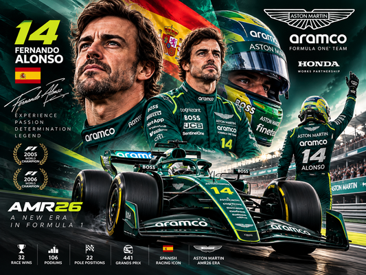 Fernando Alonso Aston Martin F1 2026 poster featuring driver number 14, AMR26 Formula 1 race car, Spanish flag, Aston Martin branding, Honda partnership, two-time F1 World Champion highlights and green motorsport design.