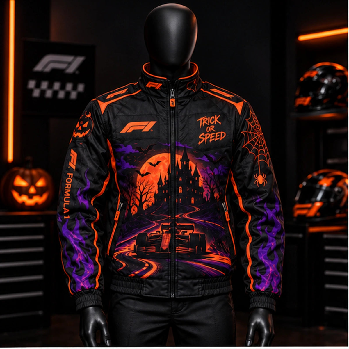 Black Halloween racing jacket with orange piping, purple flames, haunted castle artwork, and Trick or Speed chest graphic.
