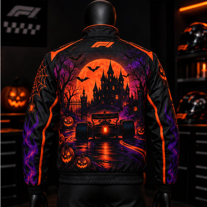 Back view of a black Halloween motorsport jacket featuring orange trim, purple flames, haunted castle artwork, and racing-car graphics.