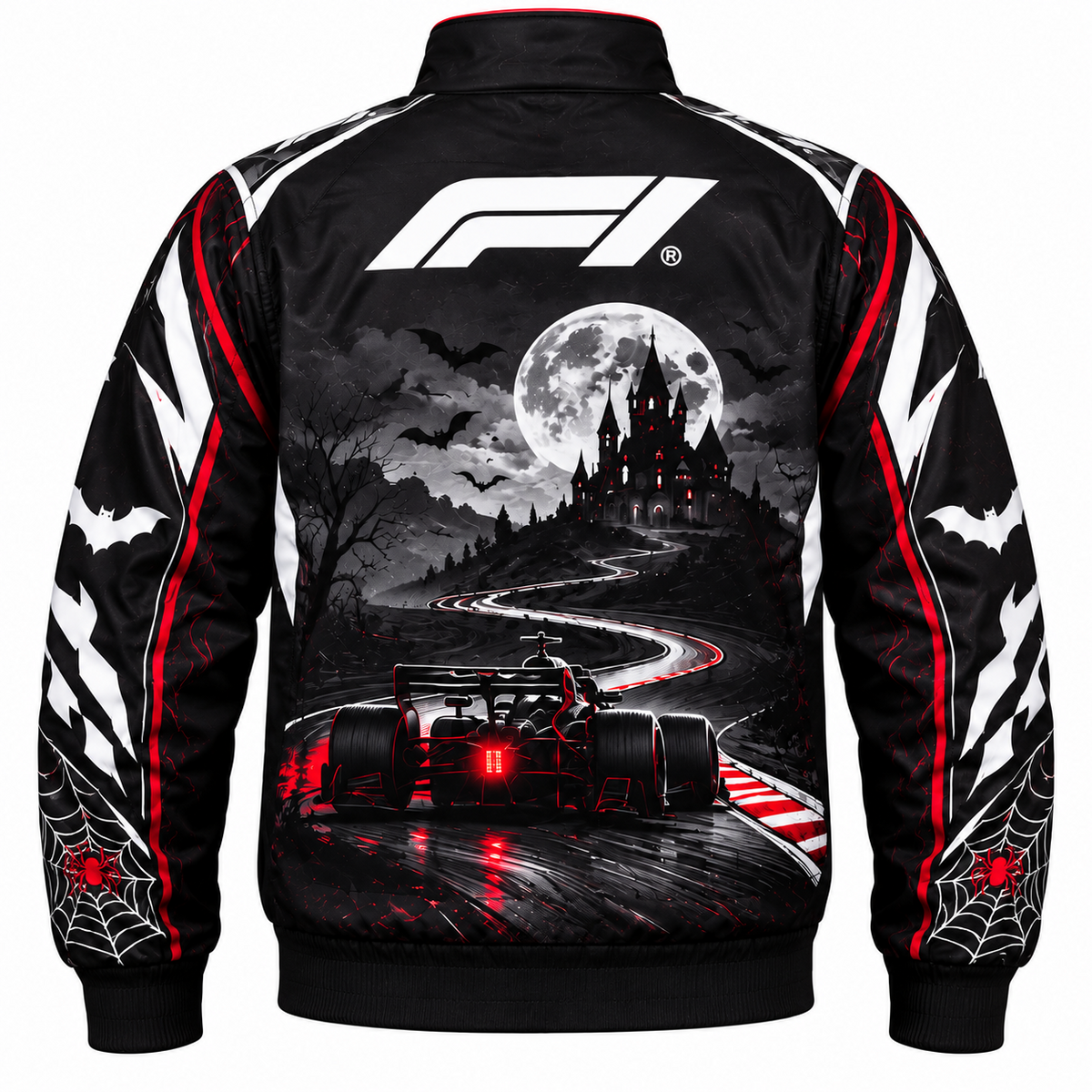 Back view of a black and red Halloween racing jacket featuring a full moon, gothic castle, flying bats, winding racetrack, racing car artwork, white sleeve graphics and spiderweb details.