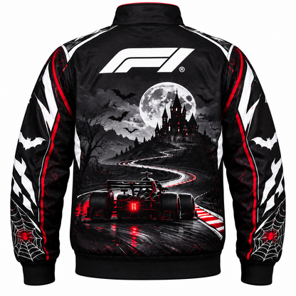 Back view of a black and red Halloween racing jacket featuring a full moon, gothic castle, flying bats, winding racetrack, racing car artwork, white sleeve graphics and spiderweb details.