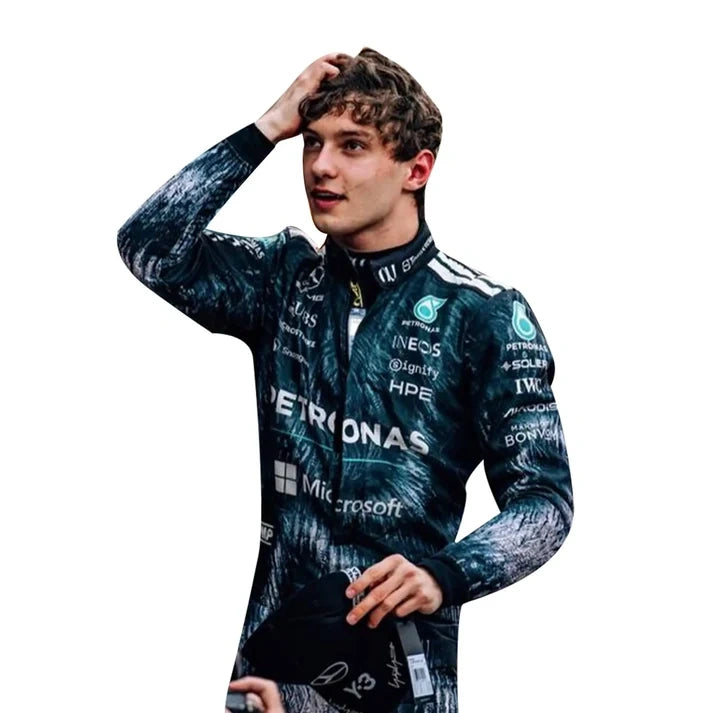 Person wearing a Formula 1 racing suit with various sponsor logos on a white background