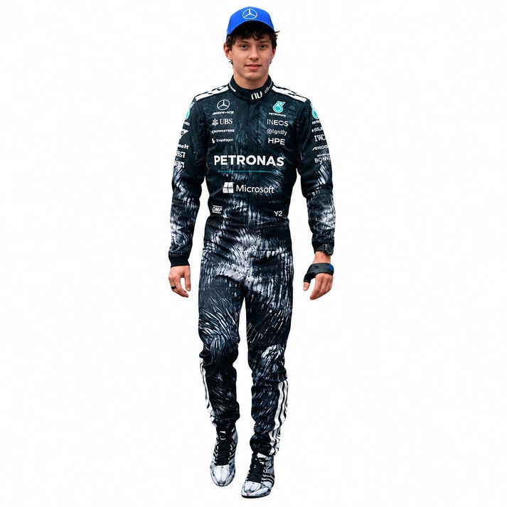 A man wearing a full Mercedes racing suit with a blue cap, standing against a plain white background. The suit features a black and white abstract pattern with prominent sponsor logos including Petronas and Microsoft.