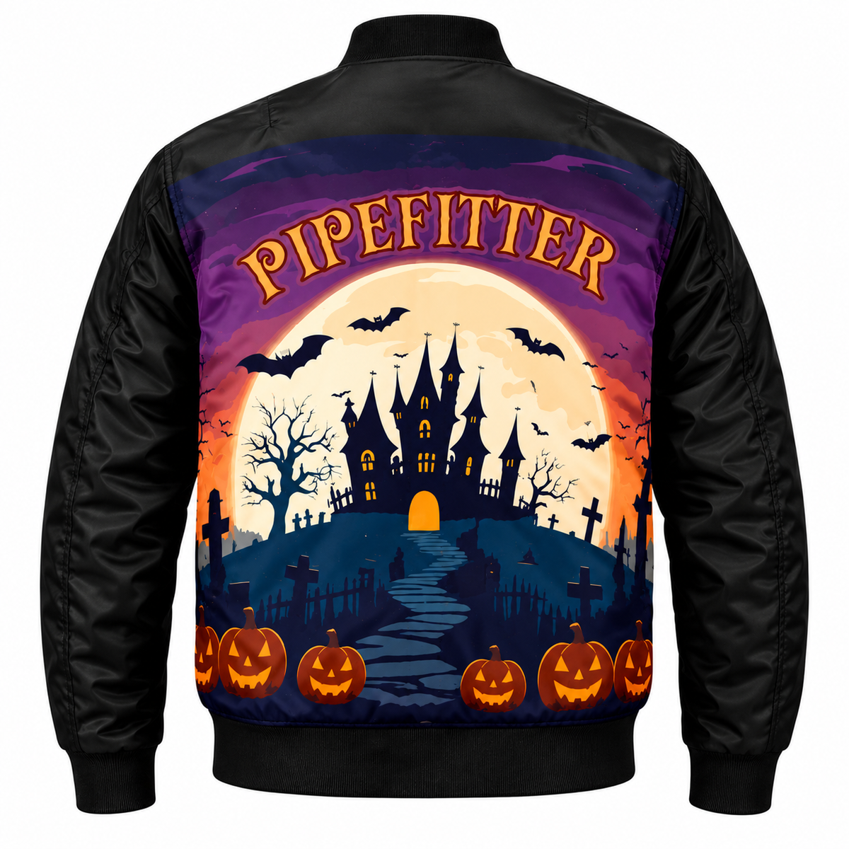Halloween bomber jacket collage showing back details of the haunted castle and pumpkin print.