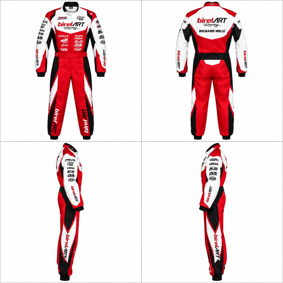 2021 Birel ART-inspired red white and black go kart racing suit featuring sublimation-style motorsport graphics, sponsor details, full-length one-piece construction and racing panels.