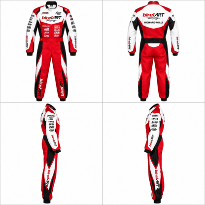 2021 Birel ART-inspired red white and black go kart racing suit featuring sublimation-style motorsport graphics, sponsor details, full-length one-piece construction and racing panels.