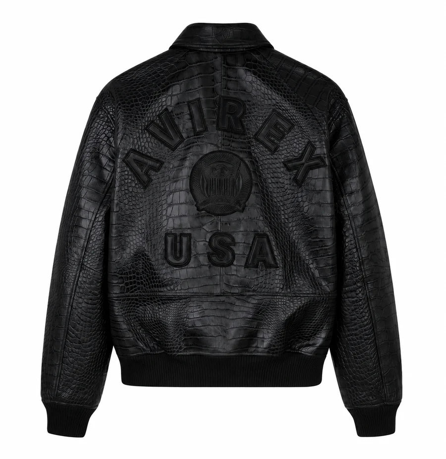 Black Avirex crocodile-pattern leather jacket back view with embossed AVIREX USA branding on a clean white background.