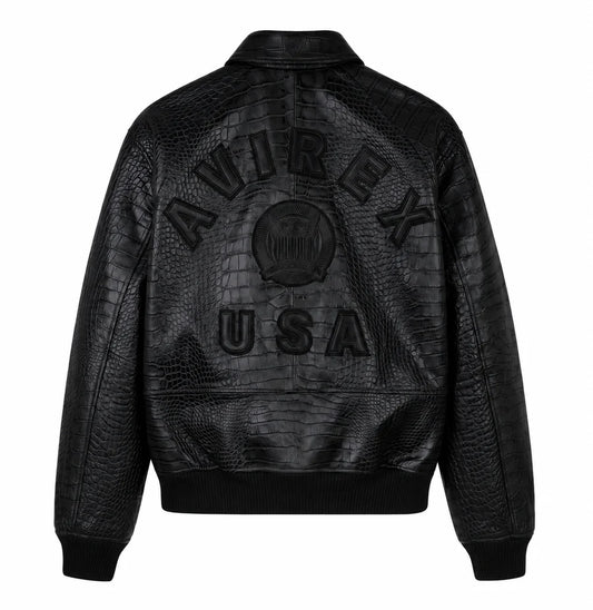 Black Avirex crocodile-pattern leather jacket back view with embossed AVIREX USA branding on a clean white background.