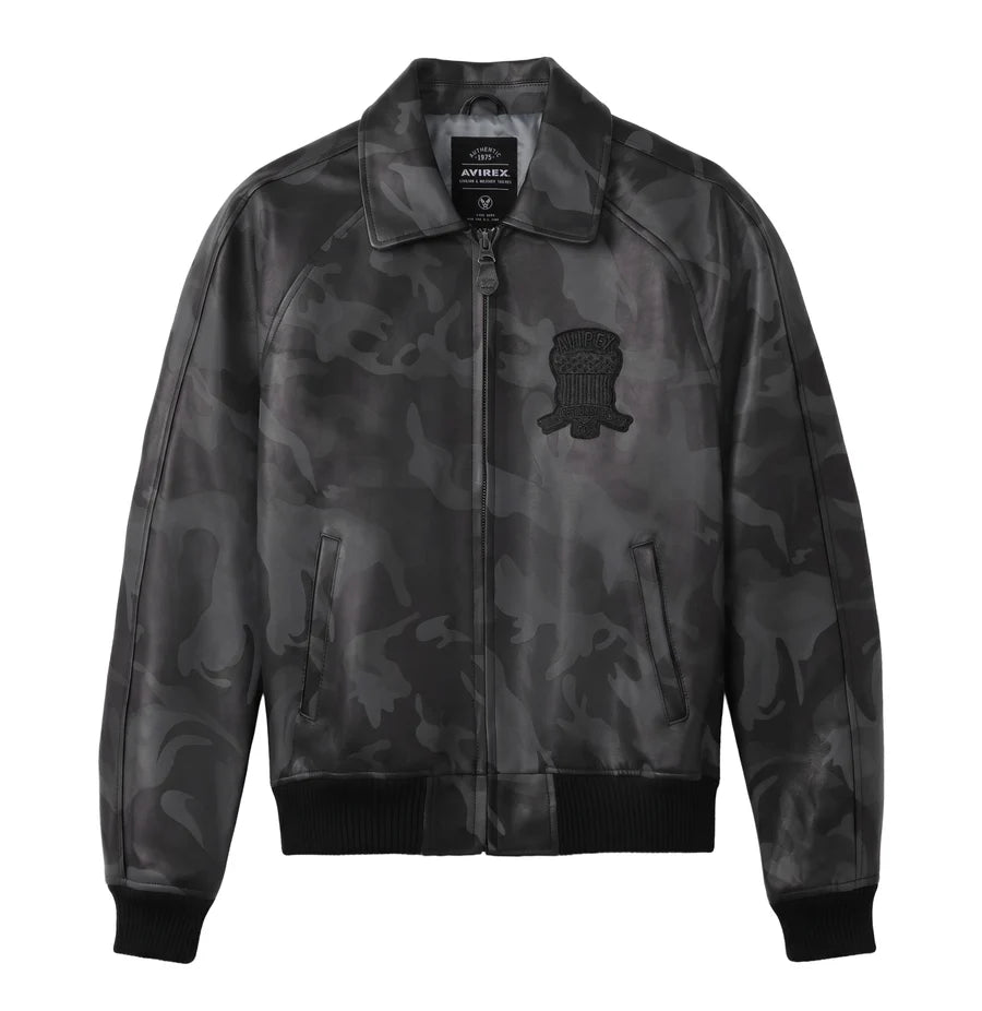 AVIREX black camo leather jacket flat front product photo with zip-up closure, chest logo, side pockets, and ribbed hem on a white background.