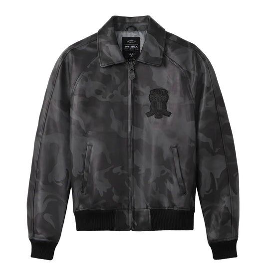 AVIREX black camo leather jacket flat front product photo with zip-up closure, chest logo, side pockets, and ribbed hem on a white background.