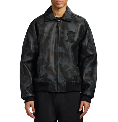 Men's AVIREX black camouflage leather bomber jacket front view with zip closure, chest emblem, side pockets, and ribbed cuffs.