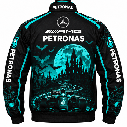 Black Petronas Halloween racing jacket back view featuring turquoise Formula 1 inspired racing car artwork, glowing full moon, haunted castle, bats, spiderwebs, and Mercedes-inspired motorsport styling.