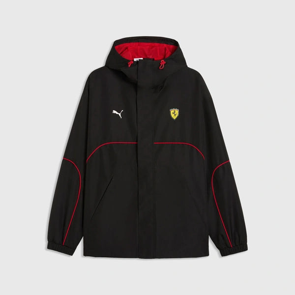 Black jacket with red accents and logos on a light gray background