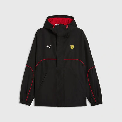 Black jacket with red accents and logos on a light gray background
