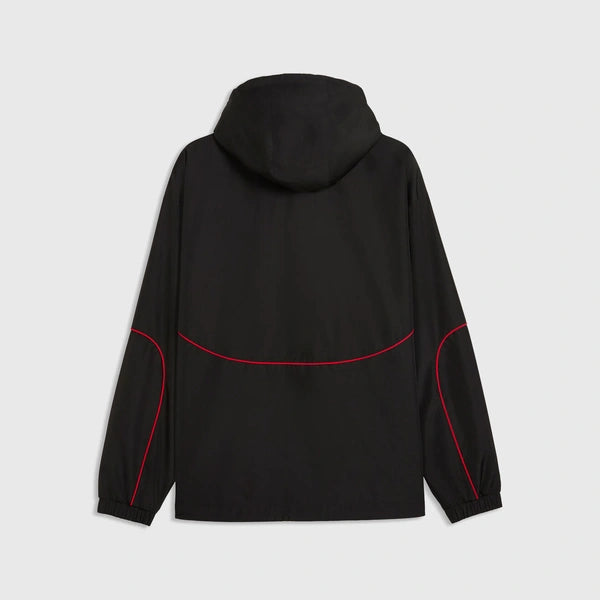 A black hooded jacket shown from the back, featuring vibrant red contrast stitching along the shoulder seams and a curved line across the upper back, set against a light gray background.
