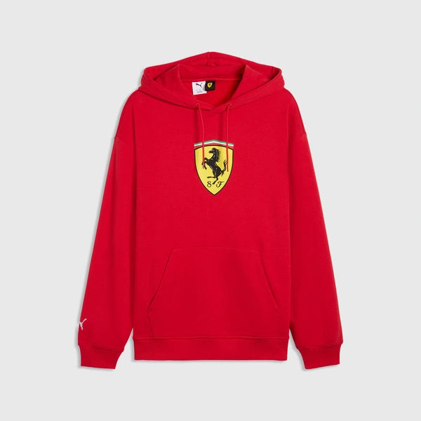 A red pullover hoodie featuring the yellow and black Ferrari Scuderia Ferrari shield logo on the center chest, displayed against a light gray background.
