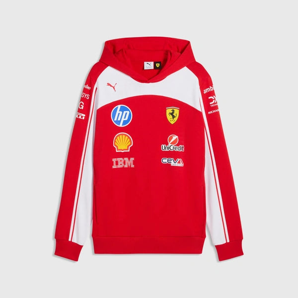 Red hoodie with multiple brand logos on a light gray background